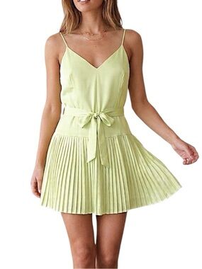 Tristan & Iseut Yellow Green Silk Blend Drop Waist Plisse Micro Mini Dress S